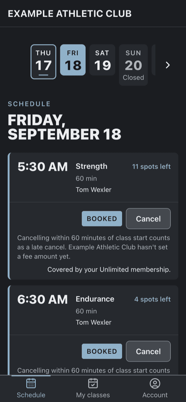 A phone-width class schedule showing a day strip, two classes with spots remaining, and both marked booked with a cancel button.