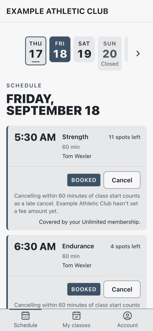A phone-width class schedule showing a day strip, two classes with spots remaining, and both marked booked with a cancel button.