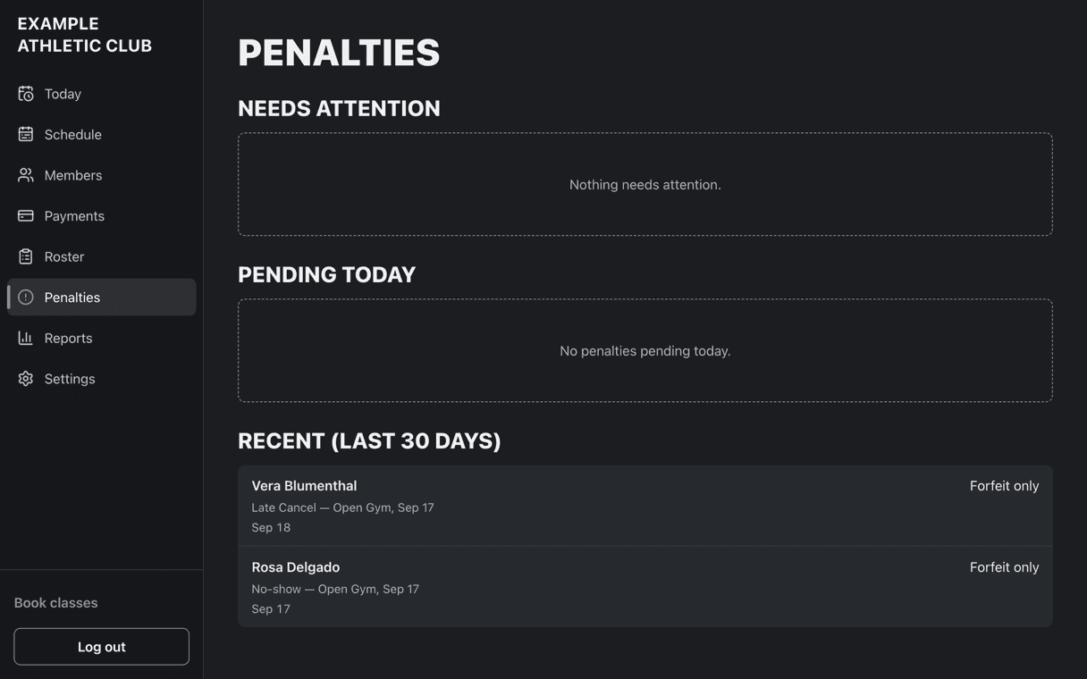 An admin penalties screen listing a late cancel and a no-show from the same day, each marked forfeit only.